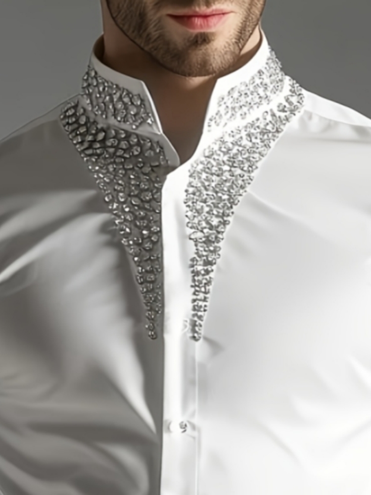 Mandarin Collar Formal Shirt Slim Fit - Luksusowa koszula męska z dżetami, stójką