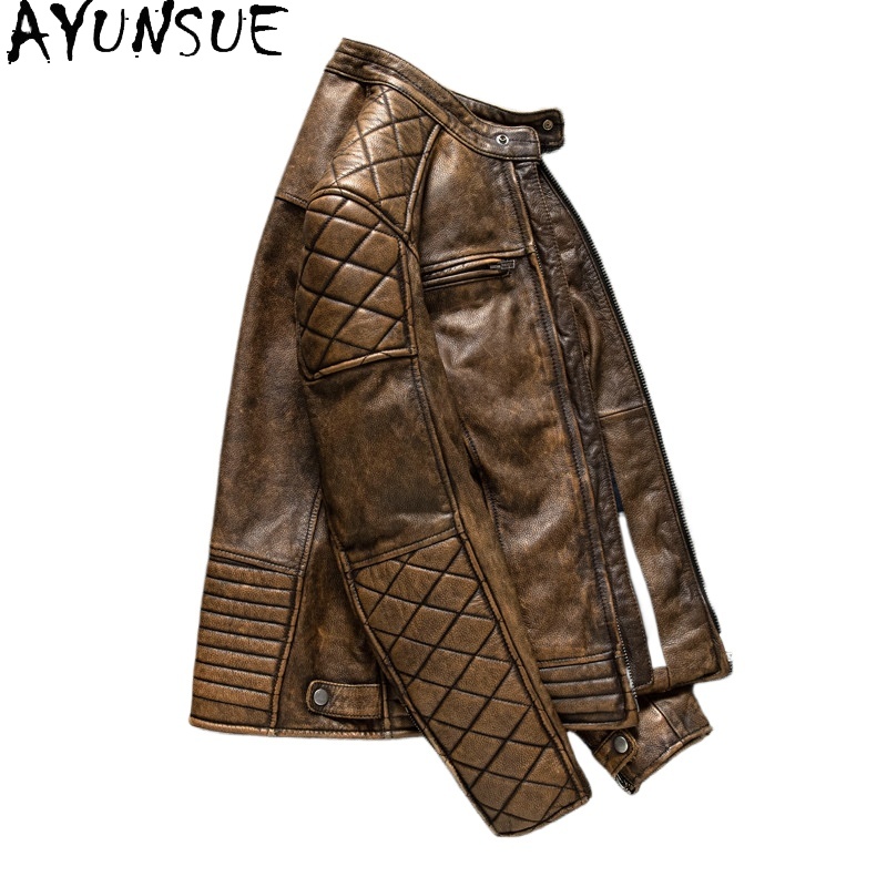 Jackets - AYUNSUE Vintage Skórzana Kurtka Męska z