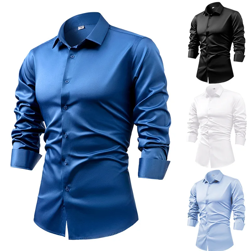 Mens Satin Silk Dress Shirt - 2024 Wiosna Jesień Królewski Niebieski Jedwabny