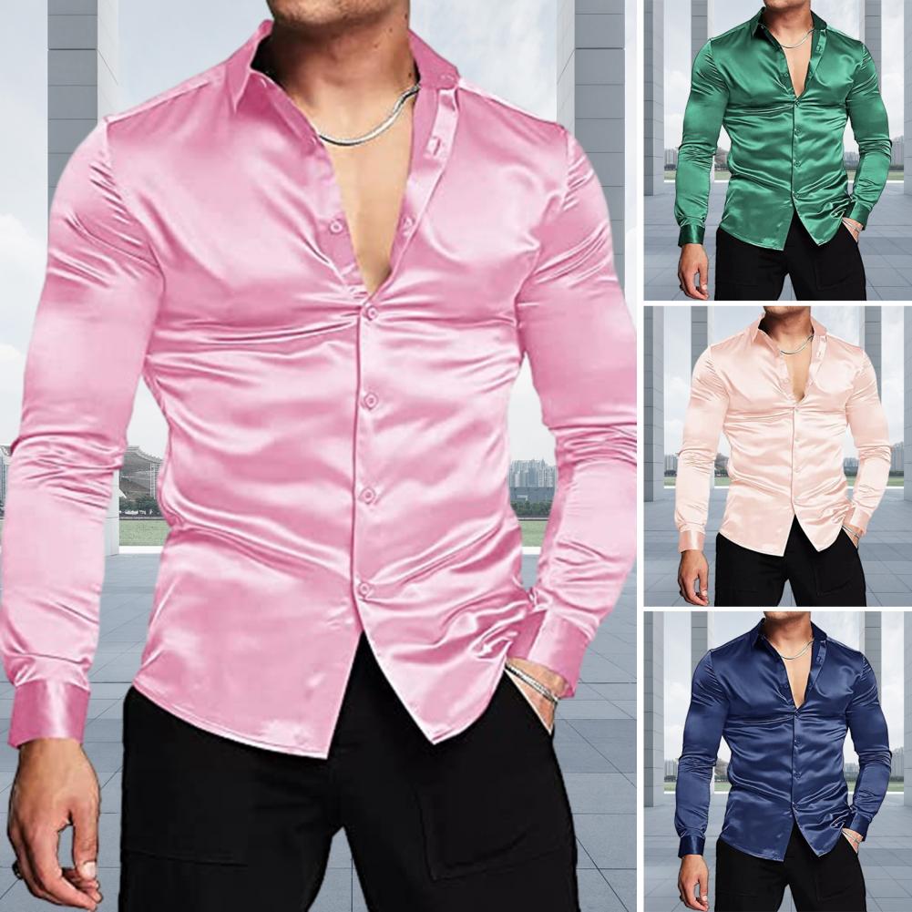 Mens Satin Silk Dress Shirt - Różowa jedwabna satyna Luksusowa koszula męska