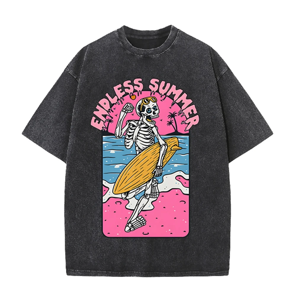 Acid Wash Vintage Graphic T Shirt - Koszulka 2026 Vintage Skeleton Surfer Endless