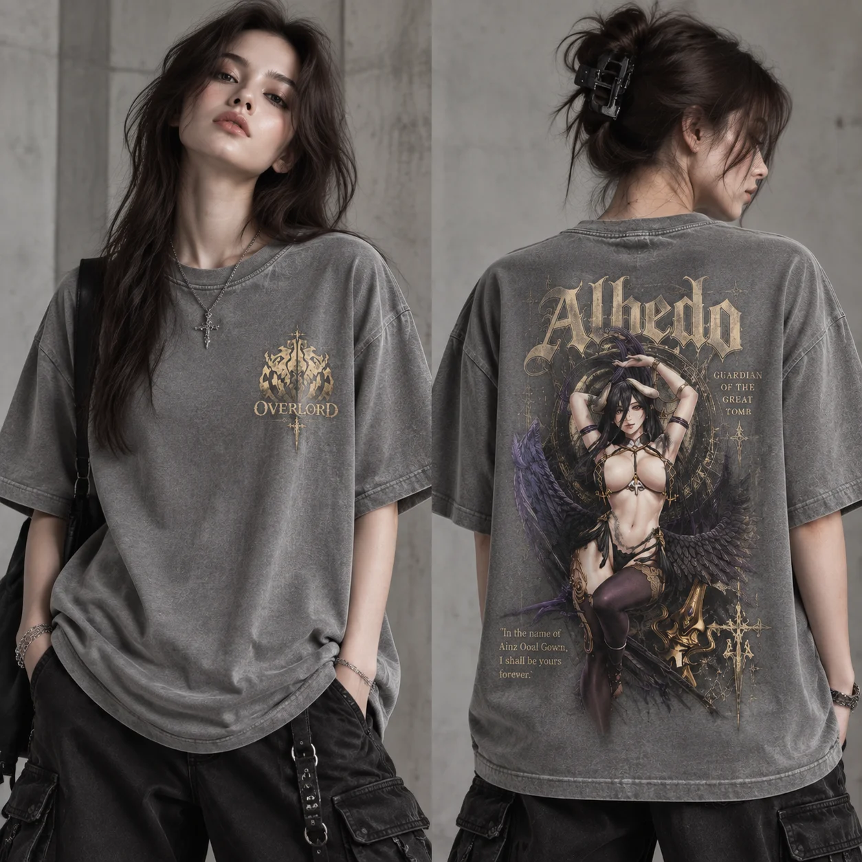 Acid Wash Vintage Graphic T Shirt - Koszulka z grafiką Albedo Overlord, dwustronna,