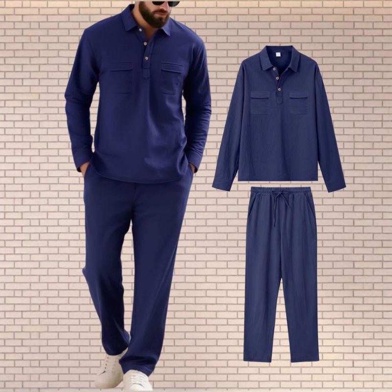 Mens Linen Shirt Long Sleeve - Męski dwuczęściowy zestaw z mieszanki lnu:
