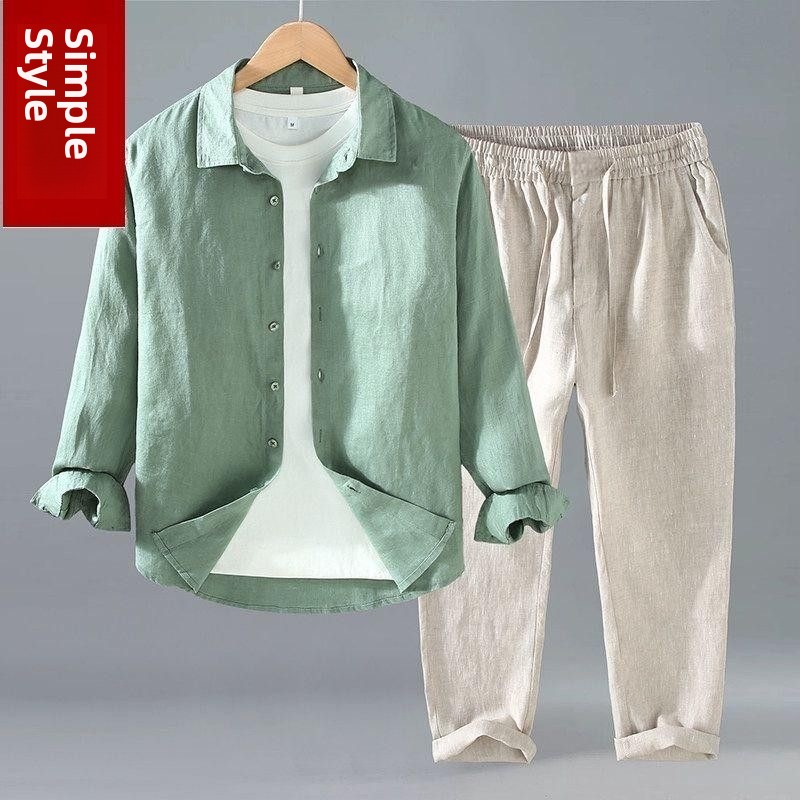 Mens Linen Shirt Long Sleeve - Luźny lniany męski zestaw casualowy: koszula