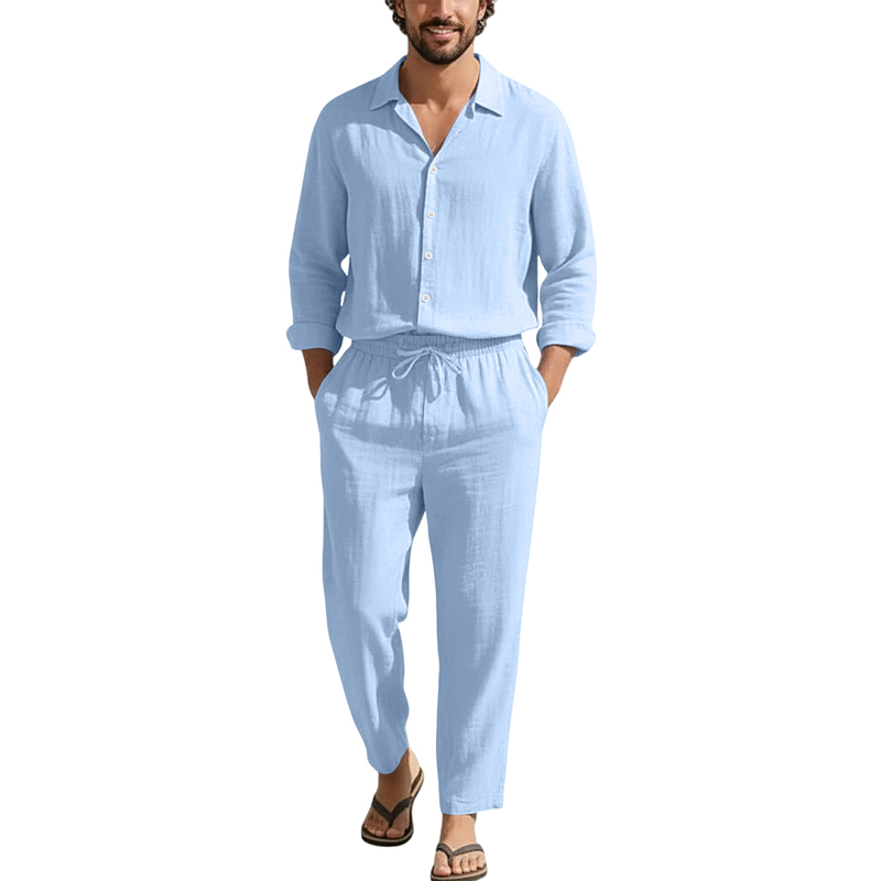 Mens Linen Shirt Long Sleeve - Wiosenno-letnie lniane zestawy codzienne, luźne, plażowe: